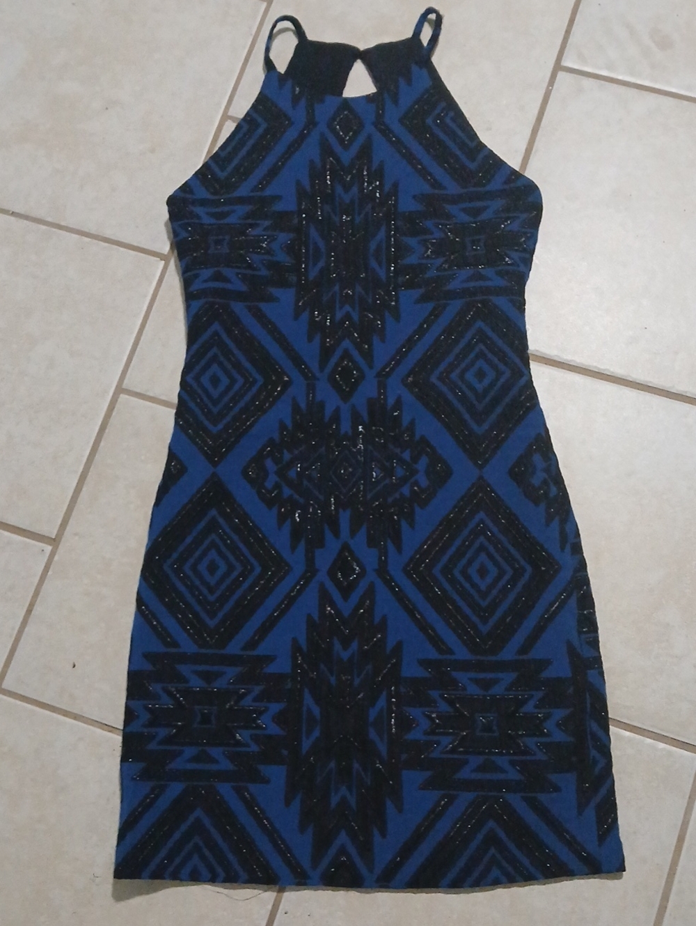 Unknown Brand Womens Sz S Blue and Black Geometric Halter Mini Dress